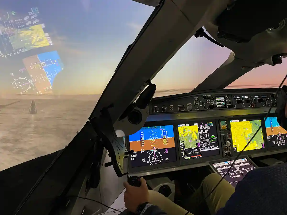 airBaltic Airbus A220 simulator flightdeck view on appraoch to land