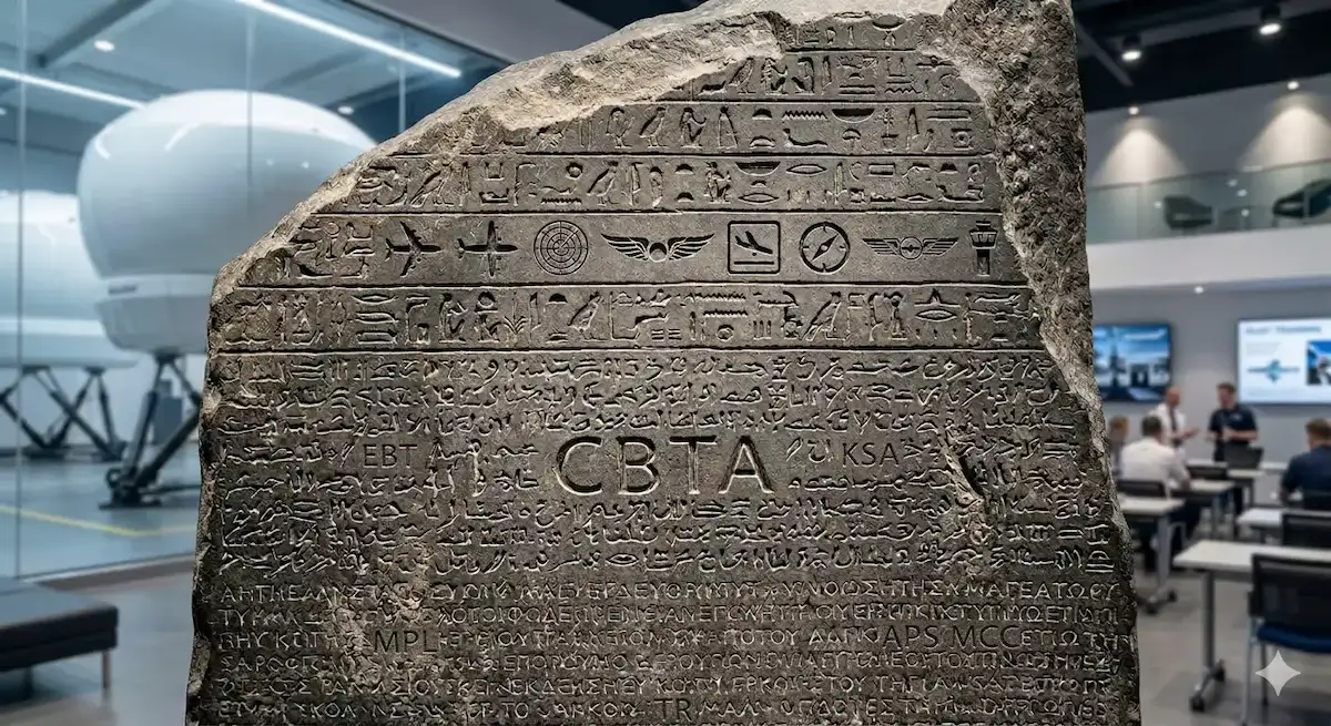 A conceptual Rosetta Stone carving featuring CBTA and EBT aviation acronyms, with a full flight simulator in the background